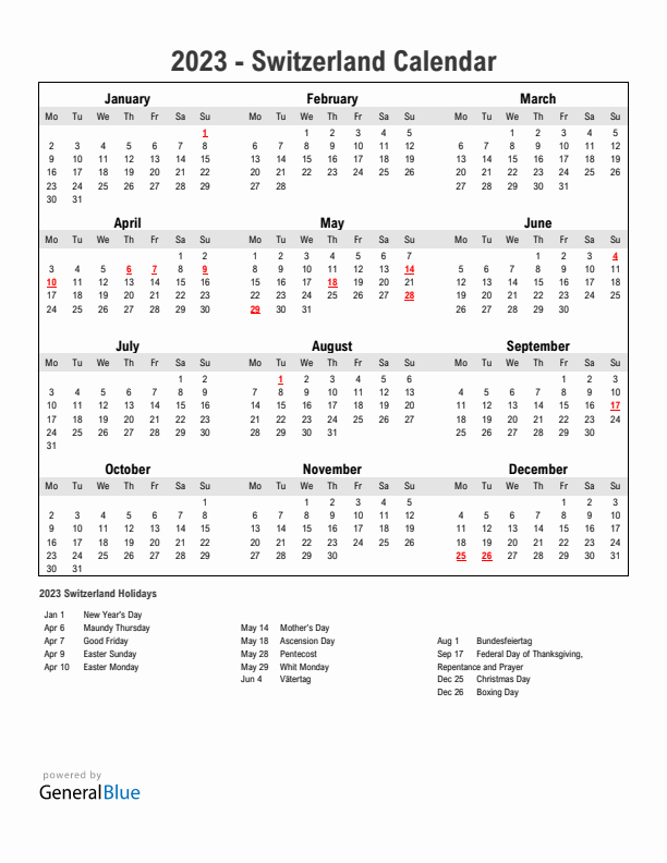 Year 2023 Simple Calendar With Holidays in Switzerland