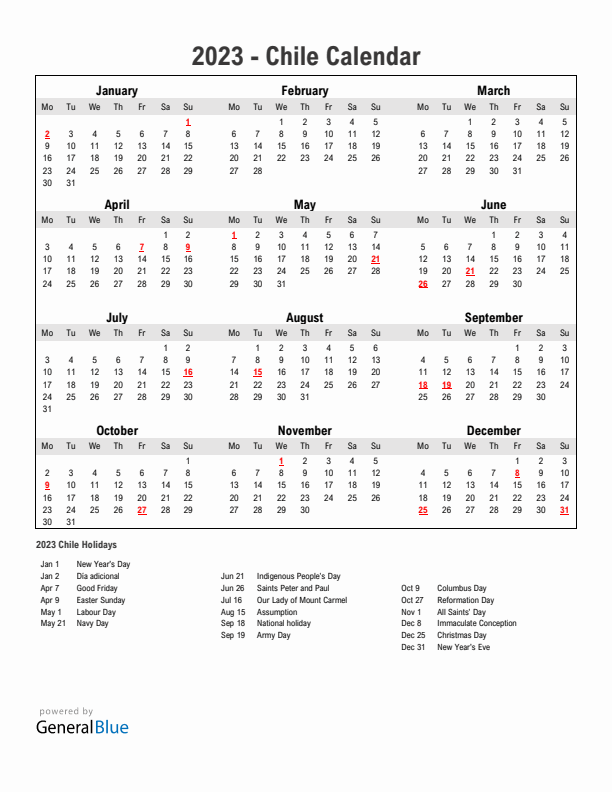 Year 2023 Simple Calendar With Holidays in Chile