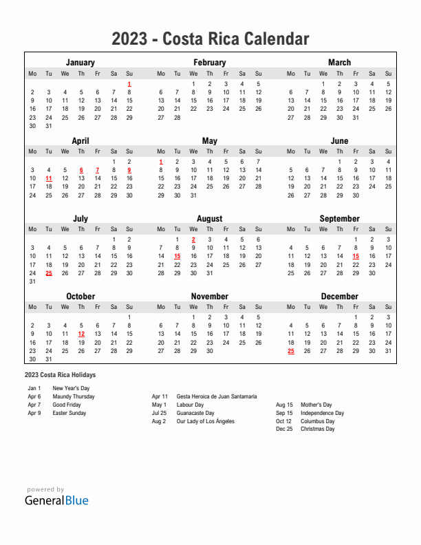 Year 2023 Simple Calendar With Holidays in Costa Rica