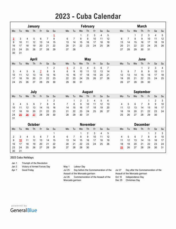 Year 2023 Simple Calendar With Holidays in Cuba