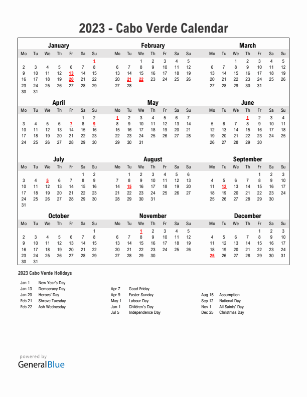 Year 2023 Simple Calendar With Holidays in Cabo Verde