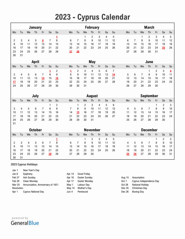 Year 2023 Simple Calendar With Holidays in Cyprus