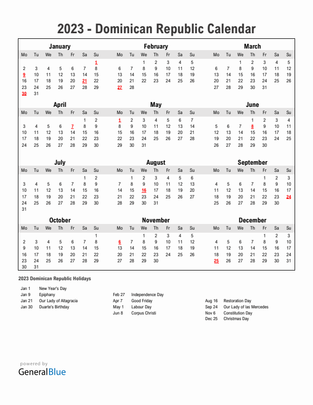 Year 2023 Simple Calendar With Holidays in Dominican Republic