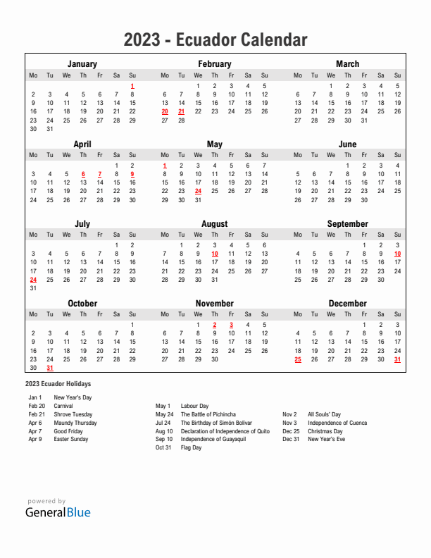 Year 2023 Simple Calendar With Holidays in Ecuador