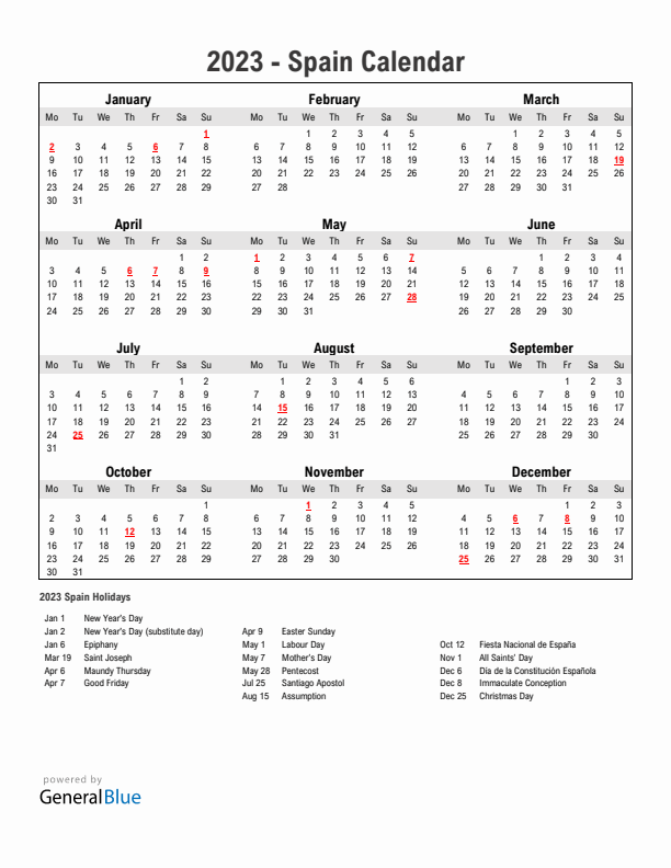 Year 2023 Simple Calendar With Holidays in Spain