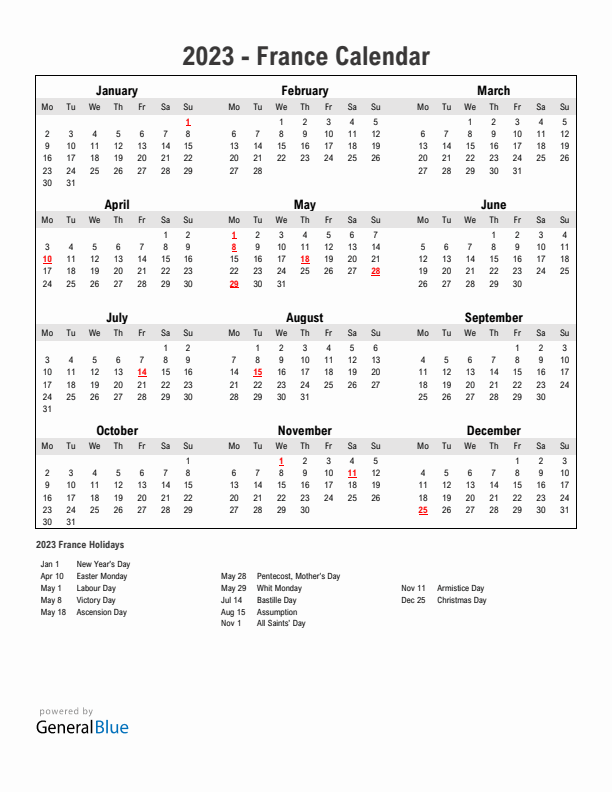 Year 2023 Simple Calendar With Holidays in France