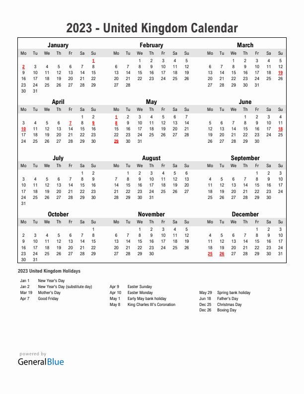 Year 2023 Simple Calendar With Holidays in United Kingdom