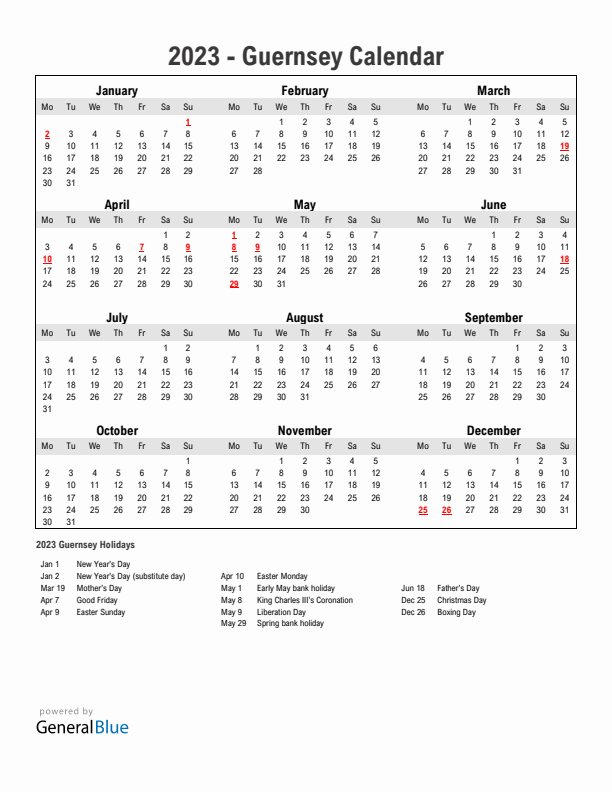 Year 2023 Simple Calendar With Holidays in Guernsey