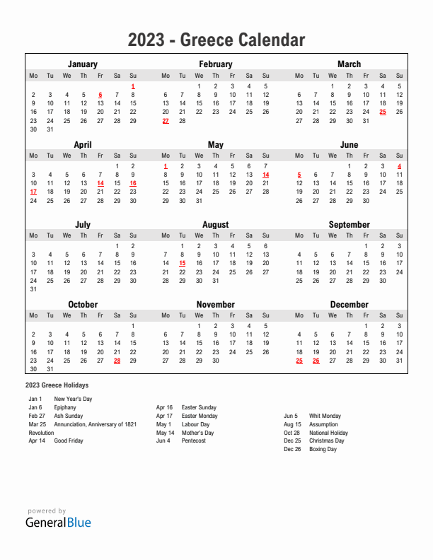 Year 2023 Simple Calendar With Holidays in Greece