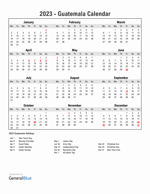 Year 2023 Simple Calendar With Holidays in Guatemala