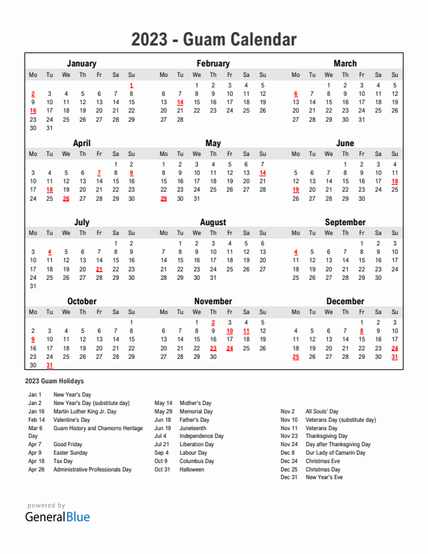 Year 2023 Simple Calendar With Holidays in Guam