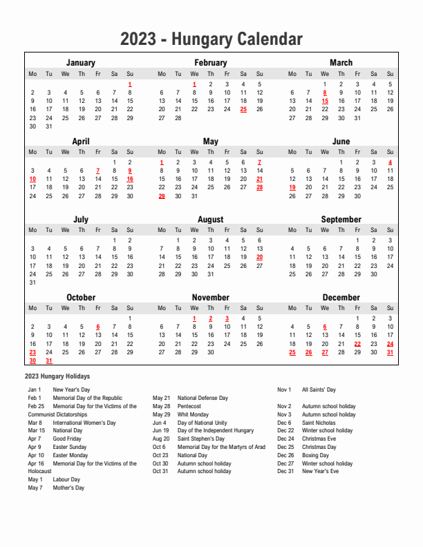 Year 2023 Simple Calendar With Holidays in Hungary