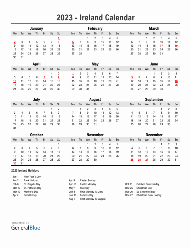 Year 2023 Simple Calendar With Holidays in Ireland