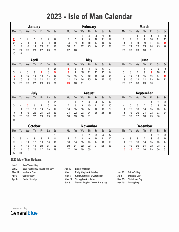 Year 2023 Simple Calendar With Holidays in Isle of Man