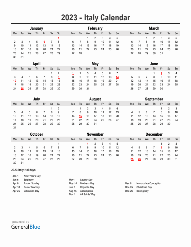 Year 2023 Simple Calendar With Holidays in Italy