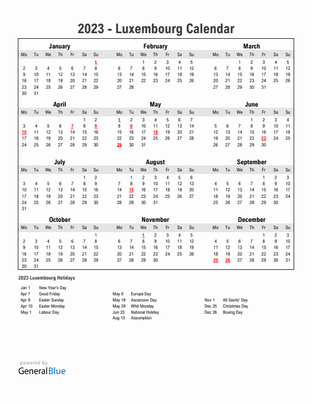 Year 2023 Simple Calendar With Holidays in Luxembourg