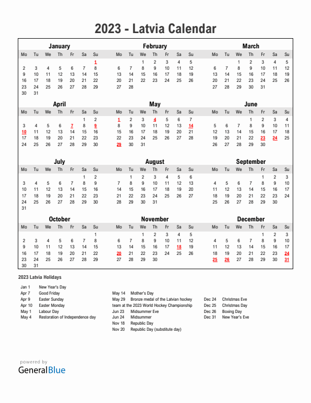 Year 2023 Simple Calendar With Holidays in Latvia