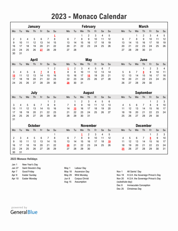 Year 2023 Simple Calendar With Holidays in Monaco