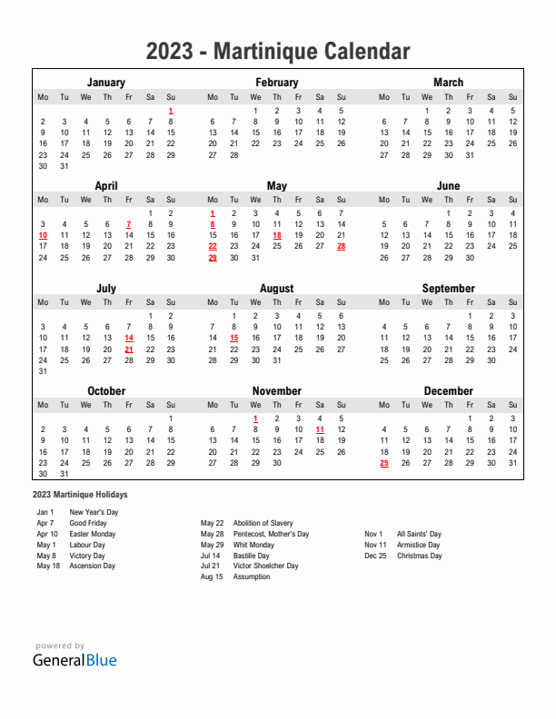 Year 2023 Simple Calendar With Holidays in Martinique