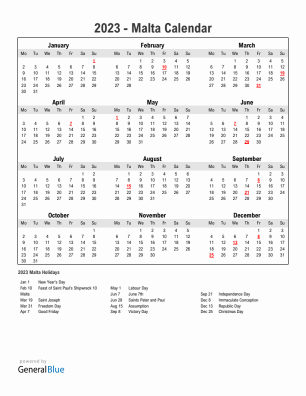 Year 2023 Simple Calendar With Holidays in Malta