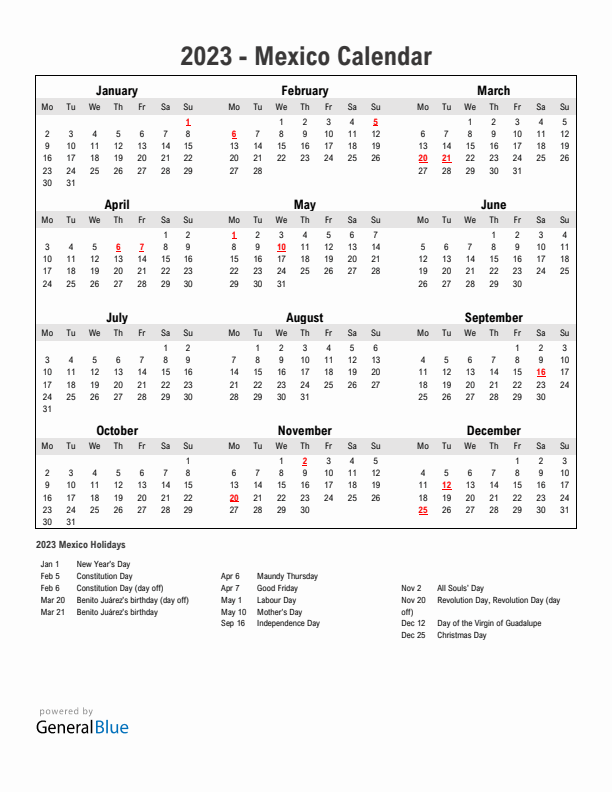 Year 2023 Simple Calendar With Holidays in Mexico