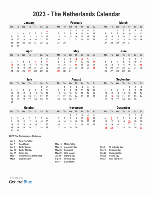 Year 2023 Simple Calendar With Holidays in The Netherlands