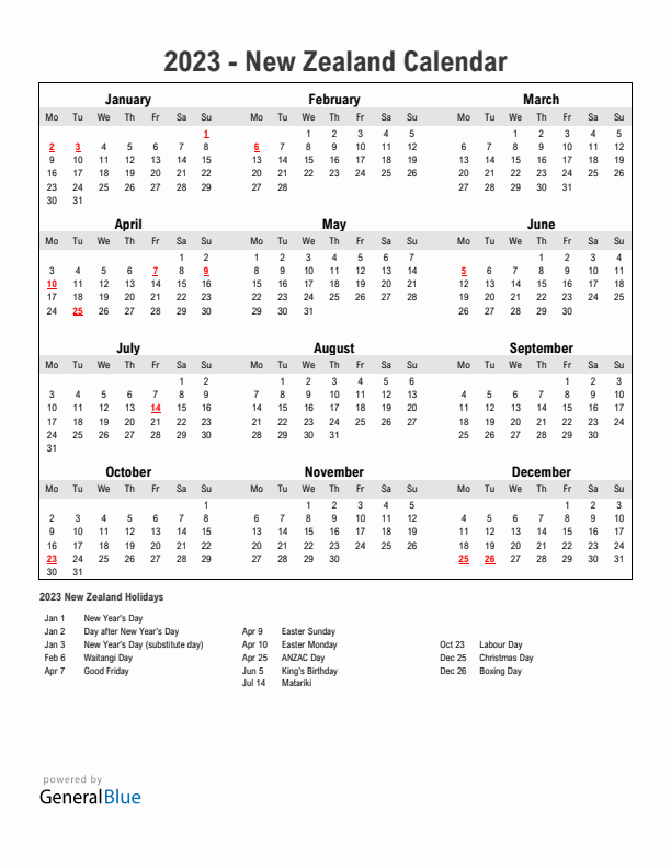 Year 2023 Simple Calendar With Holidays in New Zealand