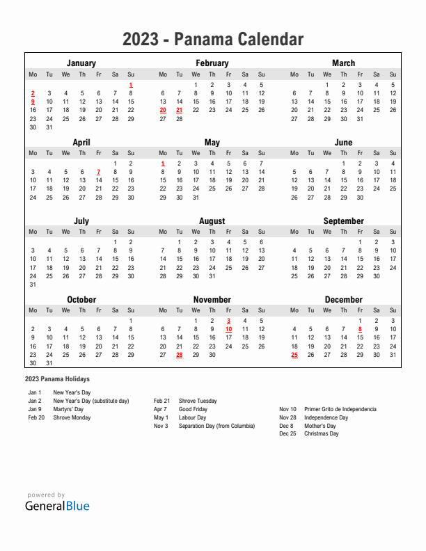 Year 2023 Simple Calendar With Holidays in Panama