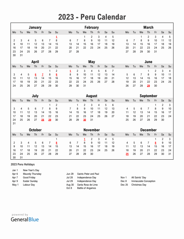 Year 2023 Simple Calendar With Holidays in Peru