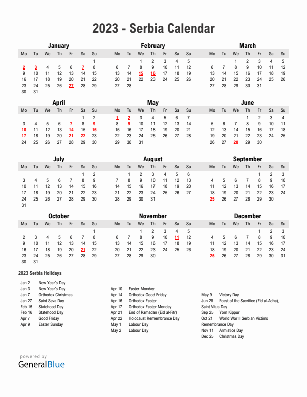 Year 2023 Simple Calendar With Holidays in Serbia