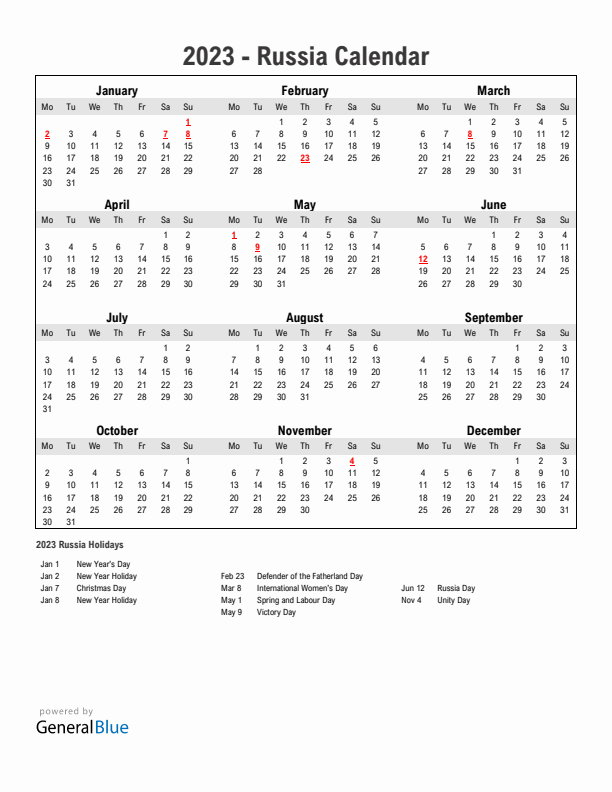 Year 2023 Simple Calendar With Holidays in Russia