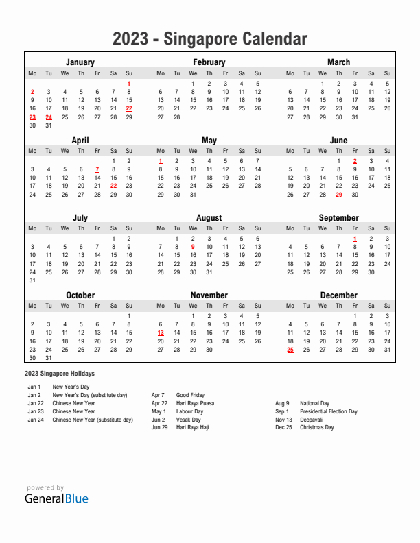 Year 2023 Simple Calendar With Holidays in Singapore