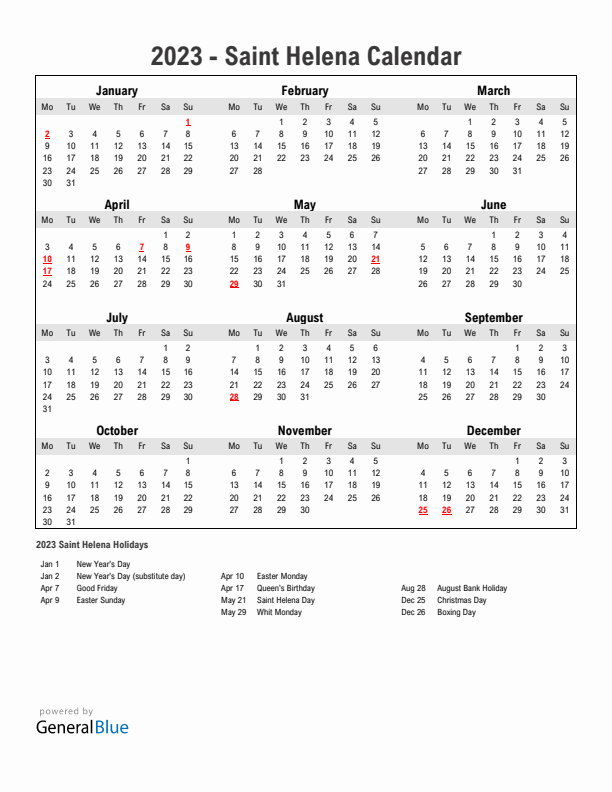 Year 2023 Simple Calendar With Holidays in Saint Helena