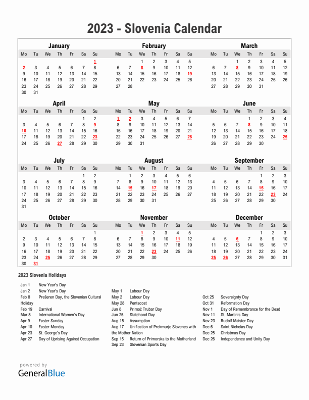 Year 2023 Simple Calendar With Holidays in Slovenia