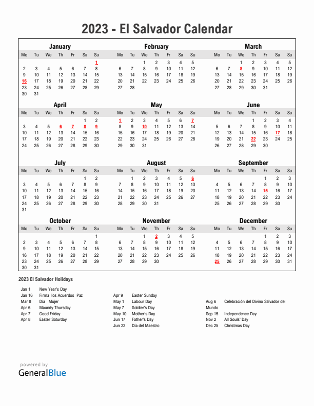 Year 2023 Simple Calendar With Holidays in El Salvador