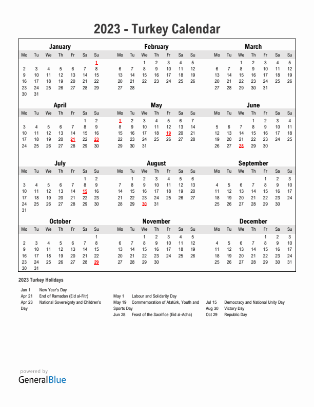 Year 2023 Simple Calendar With Holidays in Turkey