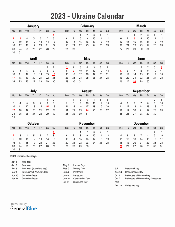 Year 2023 Simple Calendar With Holidays in Ukraine