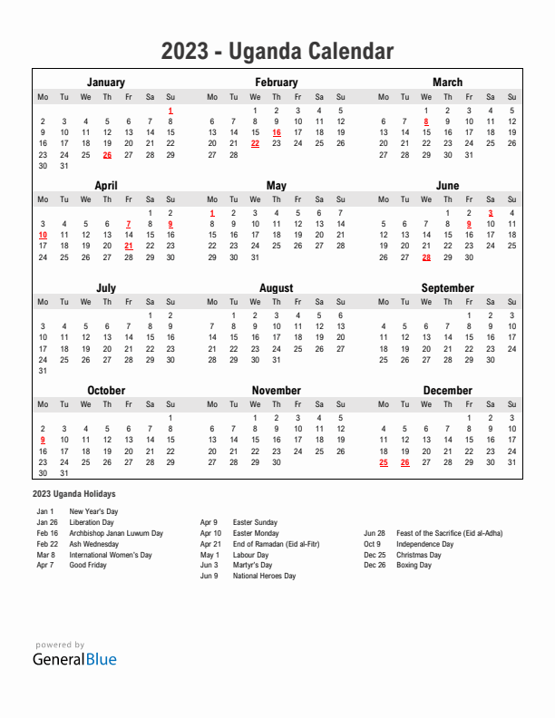 Year 2023 Simple Calendar With Holidays in Uganda