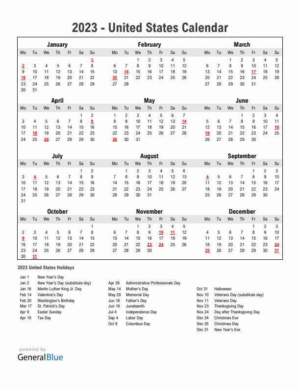 Year 2023 Simple Calendar With Holidays in United States