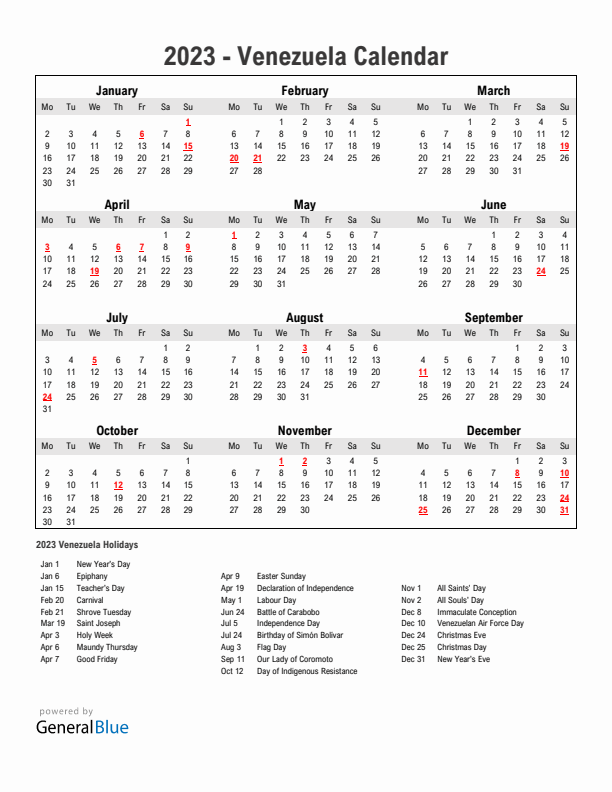 Year 2023 Simple Calendar With Holidays in Venezuela