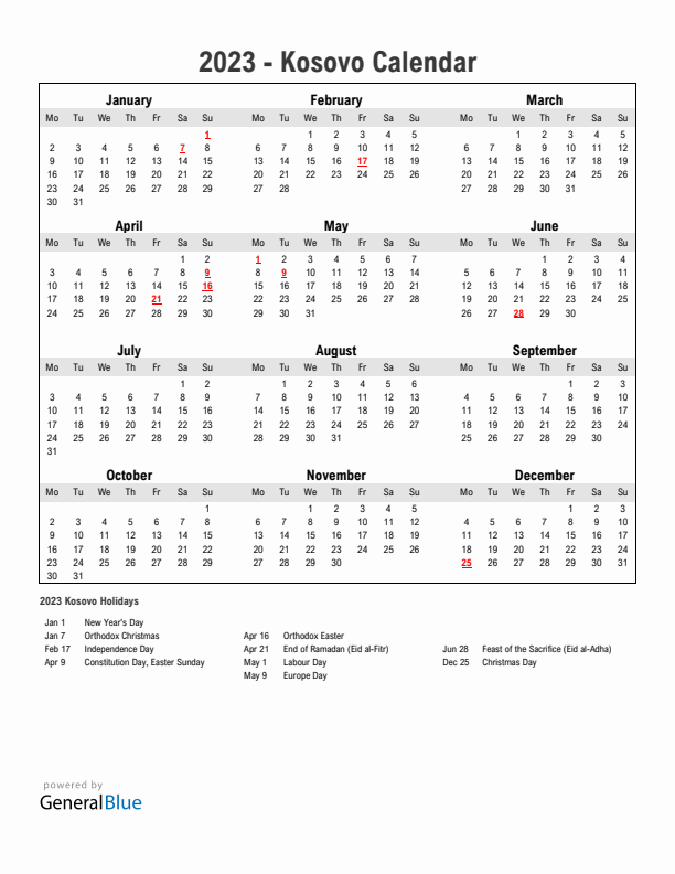 Year 2023 Simple Calendar With Holidays in Kosovo