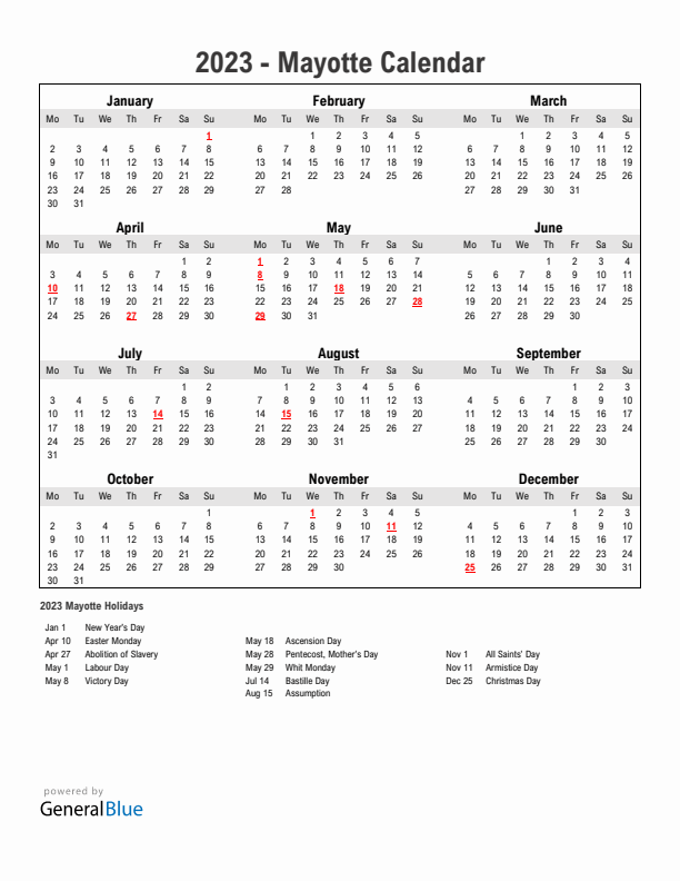 Year 2023 Simple Calendar With Holidays in Mayotte