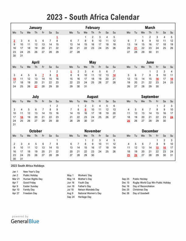 Year 2023 Simple Calendar With Holidays in South Africa