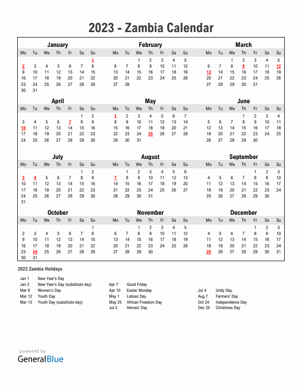 Year 2023 Simple Calendar With Holidays in Zambia