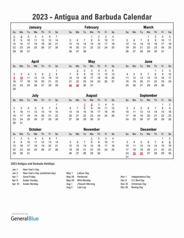 Year 2023 Simple Calendar With Holidays in Antigua and Barbuda