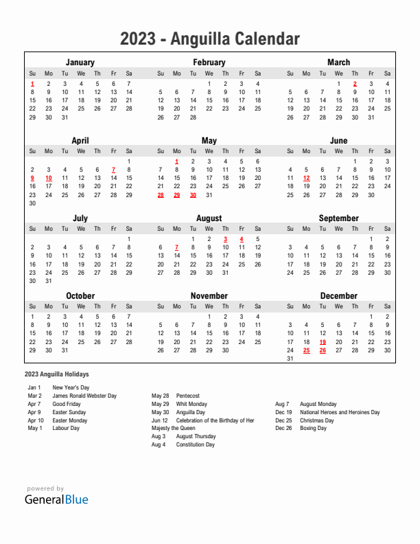 Year 2023 Simple Calendar With Holidays in Anguilla