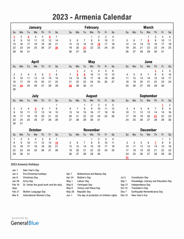 Year 2023 Simple Calendar With Holidays in Armenia