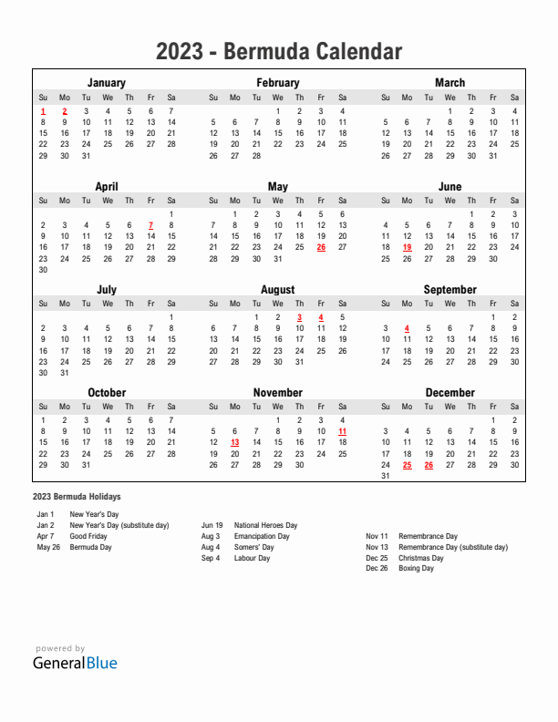 Year 2023 Simple Calendar With Holidays in Bermuda