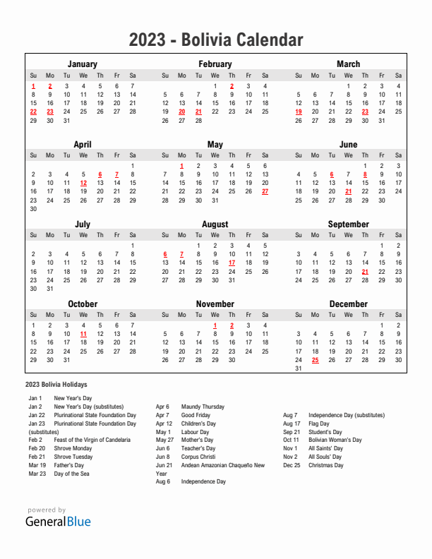 Year 2023 Simple Calendar With Holidays in Bolivia