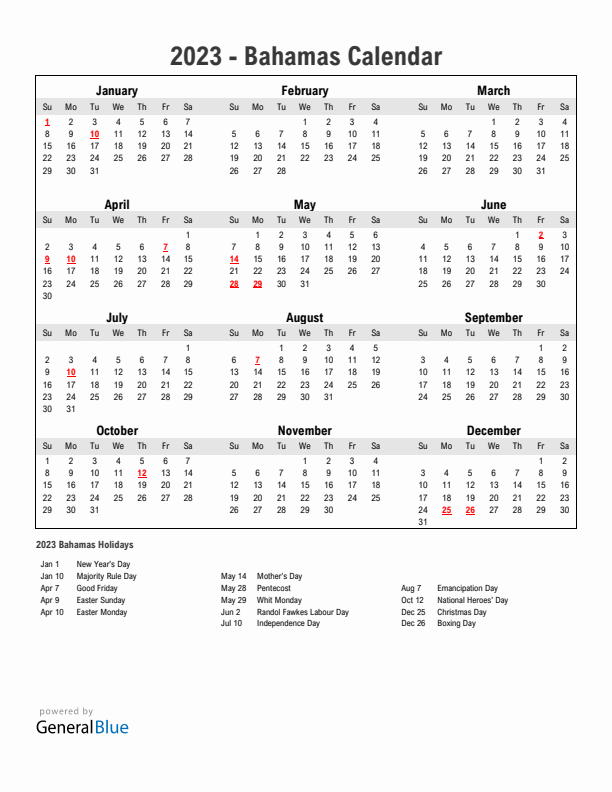 Year 2023 Simple Calendar With Holidays in Bahamas